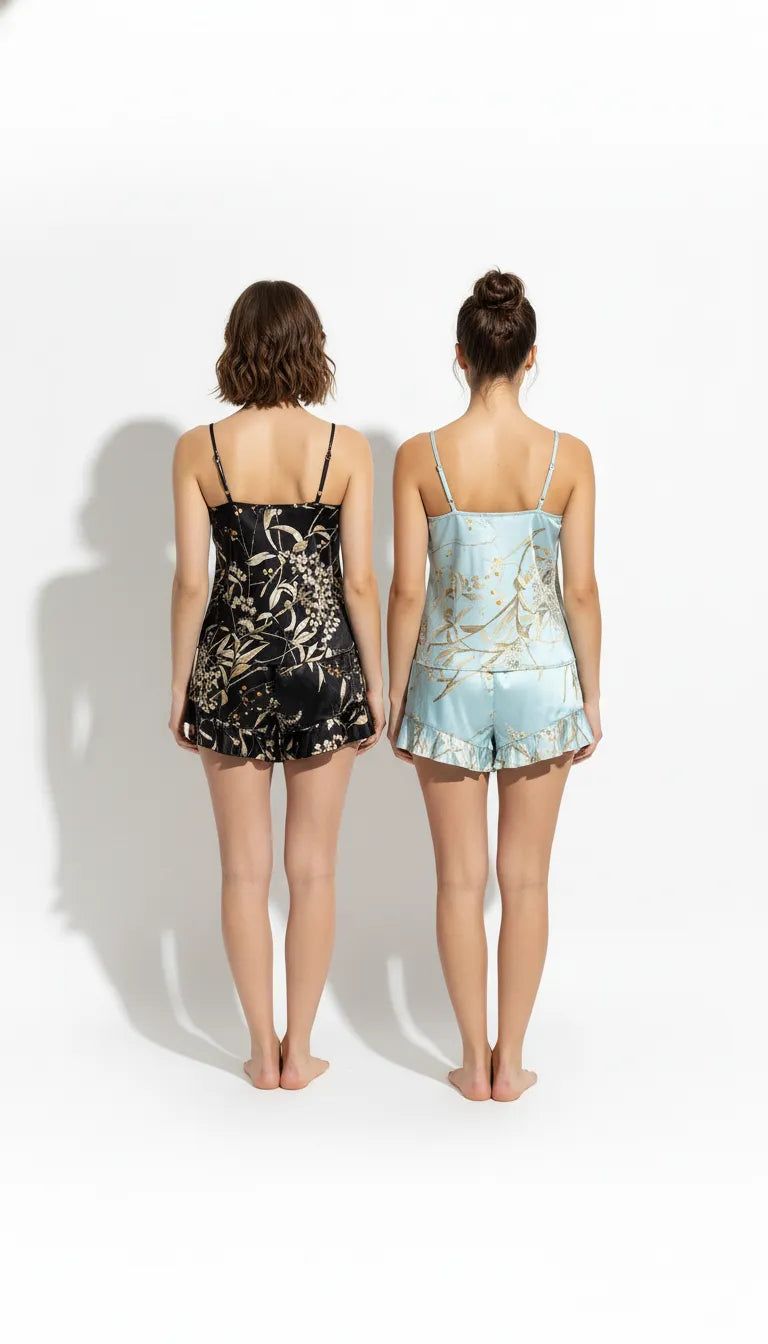 Pyjama Satin Noir et Bleu Clair pour Femme | Ensemble Short à Volants et Débardeur Bretelles Fines Fleuri | Pack 2 Pièces - Vue de dos