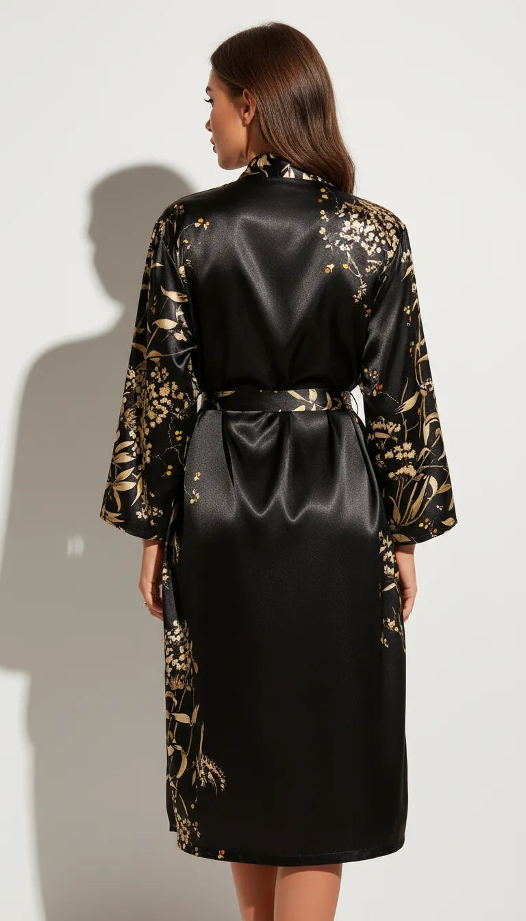 Pyjama Satin Noir et Or pour Femme | Kimono Long à Imprimé Floral Doré | 1 Pièce - Vue de dos