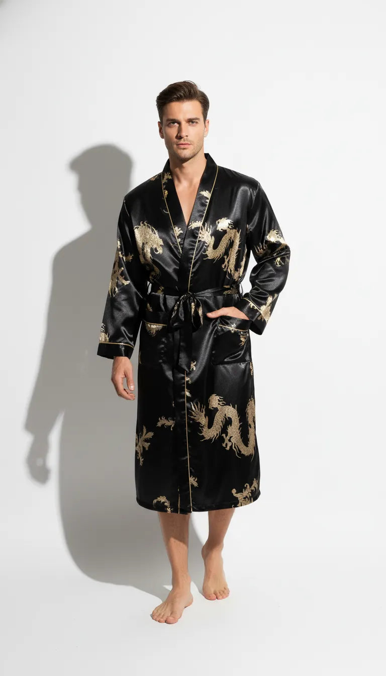 Pyjama Satin Noir et Or pour Homme | Kimono Dragon Long | 1 Pièce - Vue de face