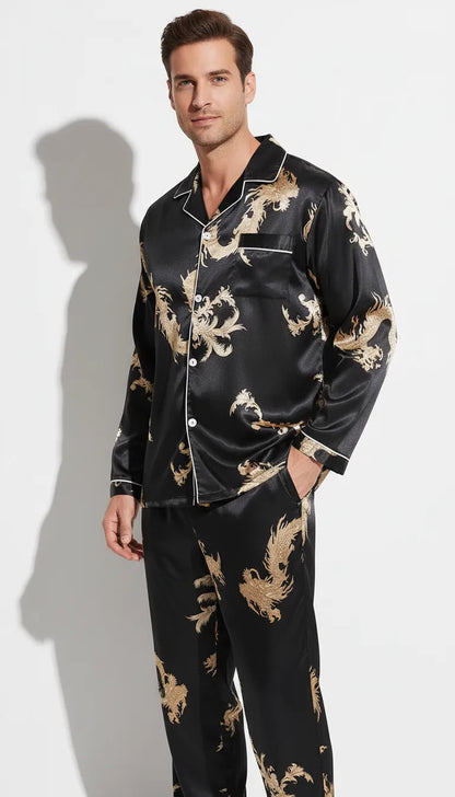 Pyjama Satin Noir et Or pour Homme | Motif Dragon Doré | Chemise Manches Longues et Pantalon | 2 Pièces - Vue de face