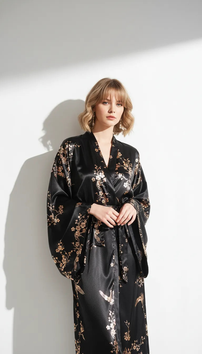 Pyjama Satin Noir et Or pour Femme | Kimono Long à Manches Larges avec Motifs Floraux | 1 Pièce - Vue de face