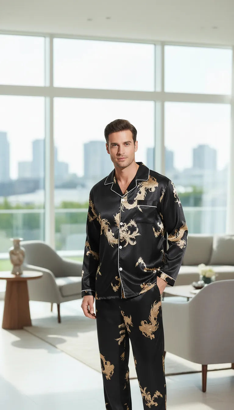 Pyjama Satin Noir et Or pour Homme | Motif Dragon Doré | Chemise Manches Longues et Pantalon | 2 Pièces - Mise en situation portée