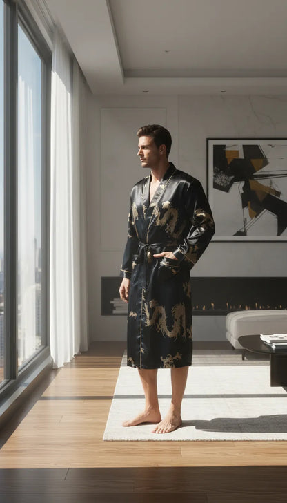 Pyjama Satin Noir et Or pour Homme | Kimono Dragon Long | 1 Pièce - Mise en situation portée
