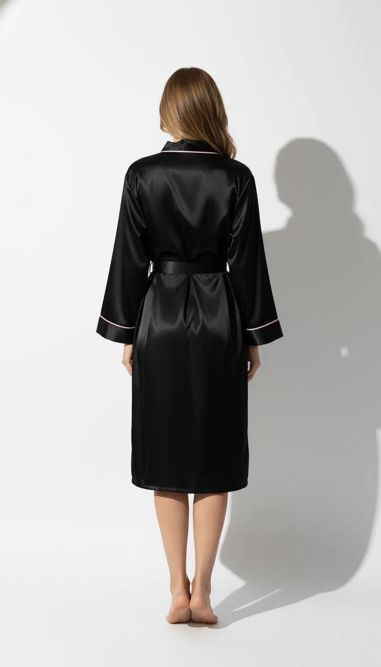 Pyjama Satin Noir et Rose pour Femme | Kimono Long à liseré contrastant | 1 Pièce - Vue de dos
