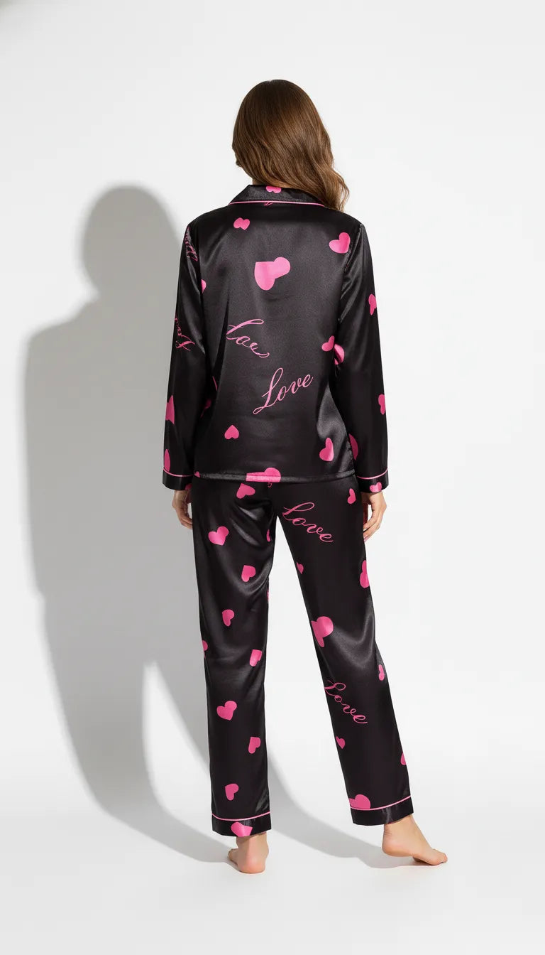 Pyjama Satin Noir et Rose pour Femme | Romantique et Tendre | Chemise Manches Longues & Pantalon | Ensemble 2 Pièces - Vue de dos