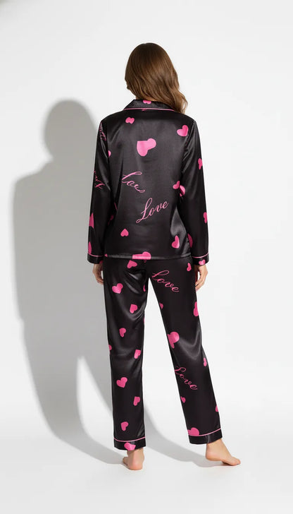 Pyjama Satin Noir et Rose pour Femme | Romantique et Tendre | Chemise Manches Longues & Pantalon | Ensemble 2 Pièces - Vue de dos