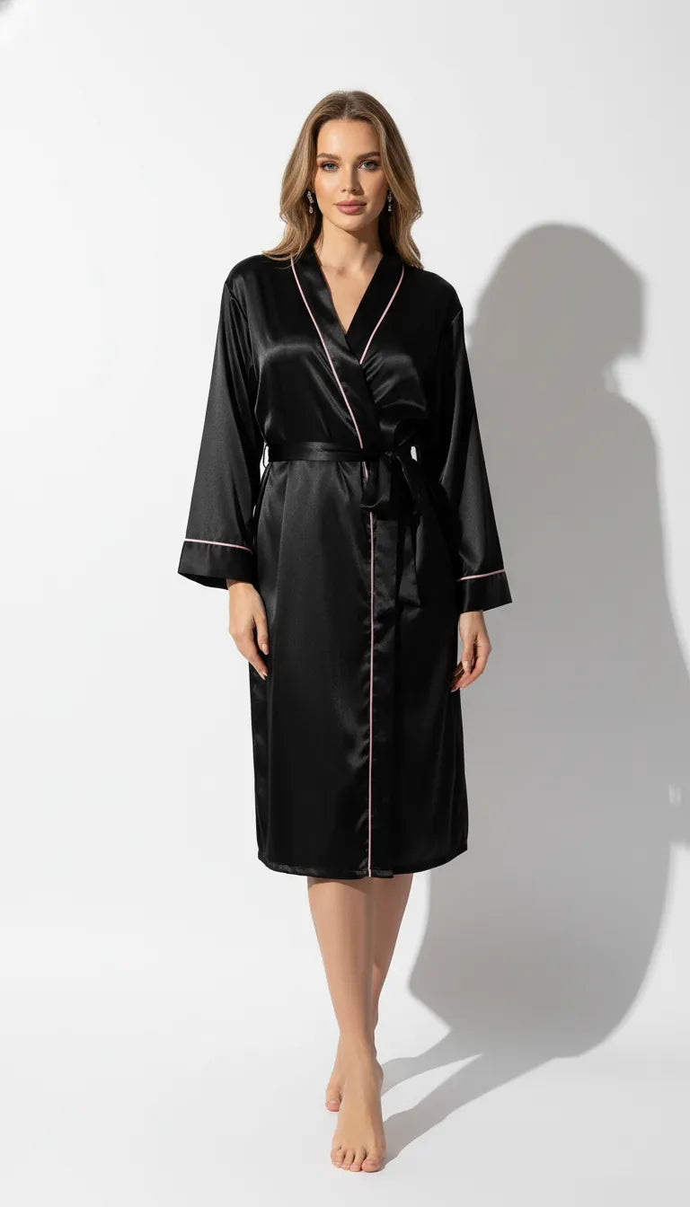 Pyjama Satin Noir et Rose pour Femme | Kimono Long à liseré contrastant | 1 Pièce - Vue de face