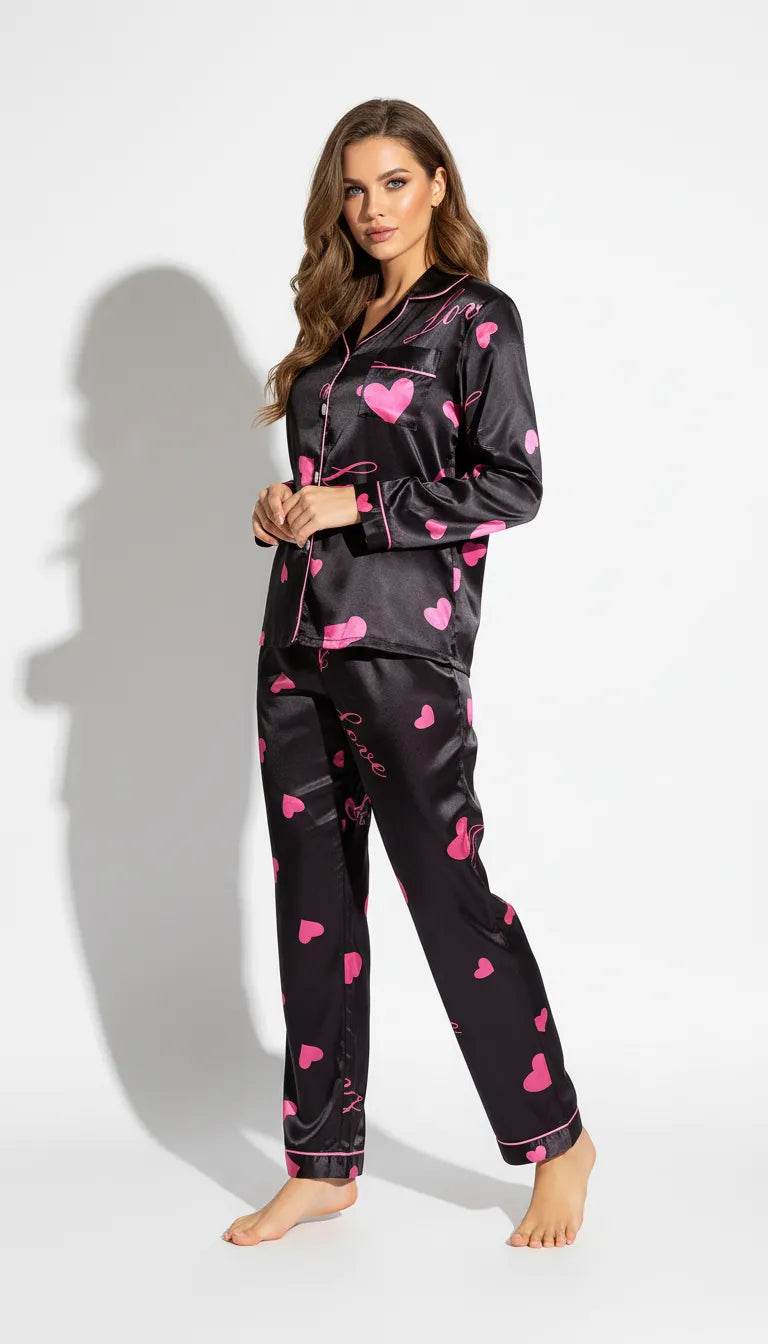 Pyjama Satin Noir et Rose pour Femme | Romantique et Tendre | Chemise Manches Longues & Pantalon | Ensemble 2 Pièces - Vue de face