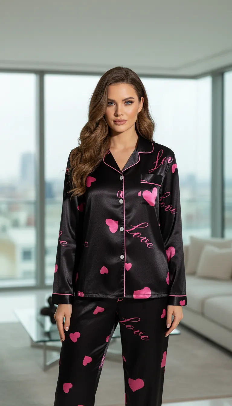 Pyjama Satin Noir et Rose pour Femme | Romantique et Tendre | Chemise Manches Longues & Pantalon | Ensemble 2 Pièces - Mise en situation portée
