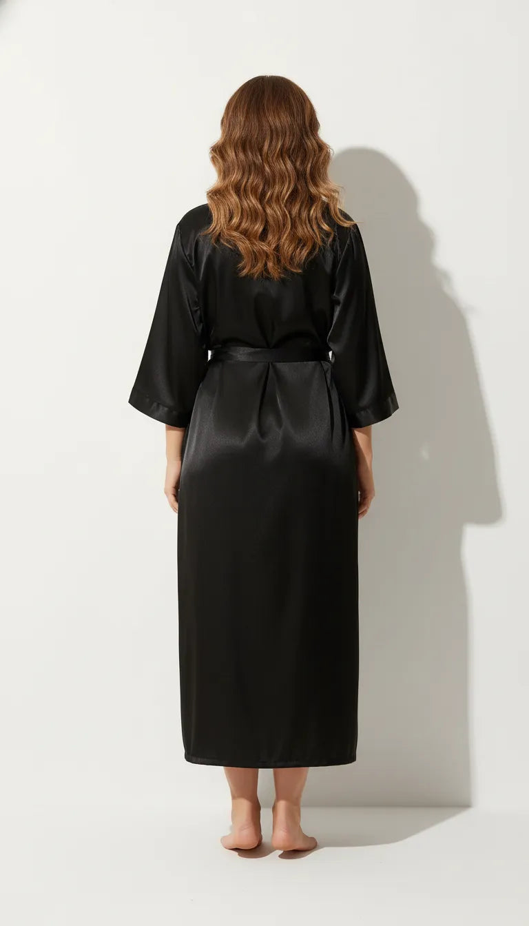 Pyjama Satin Noir pour Femme | Kimono Long à Fente | 1 Pièce - Vue de dos