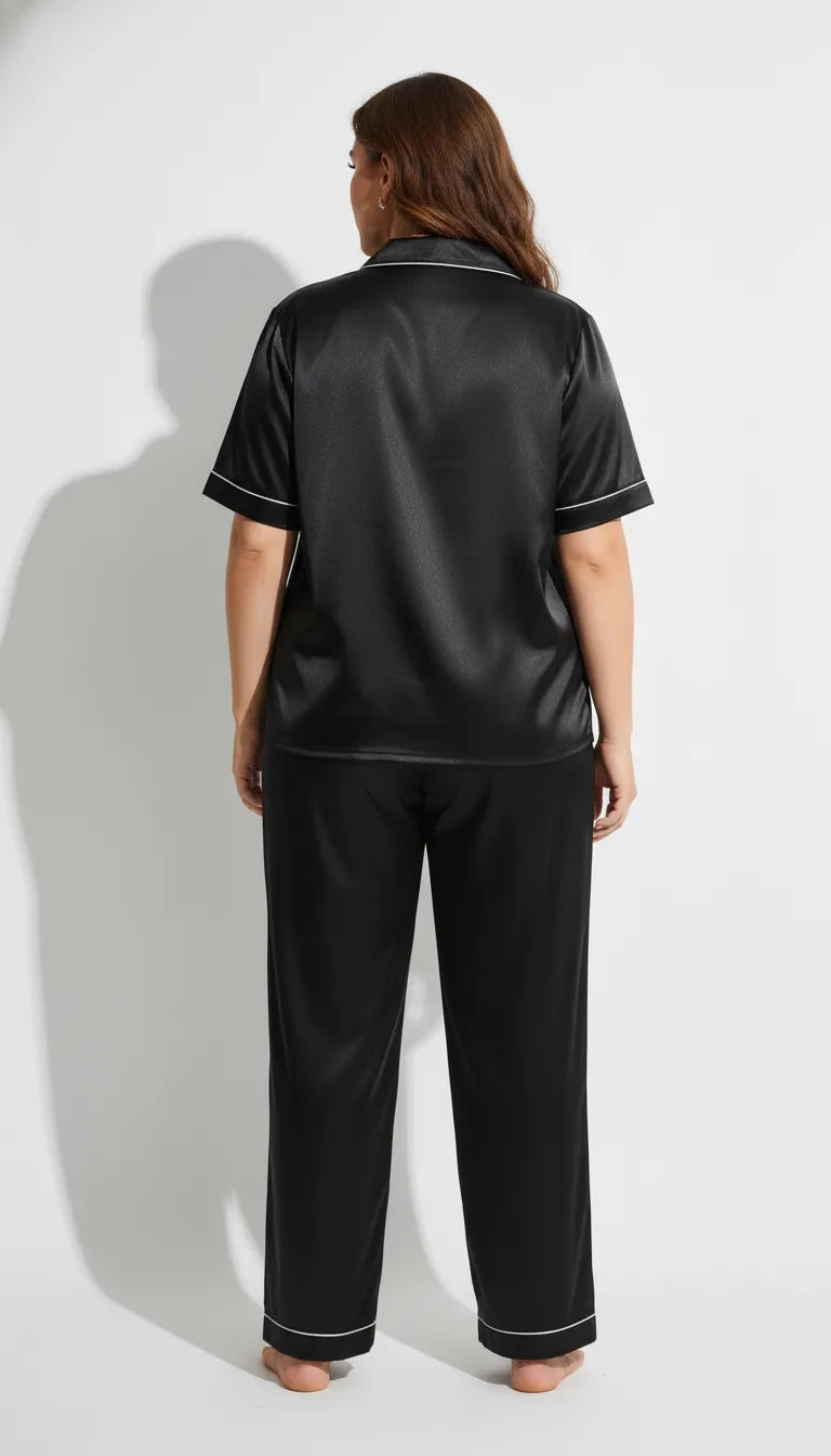 Pyjama Satin Noir pour Femme | Moderne et Chic | Chemise Manches Courtes & Pantalon | 2 Pièces - Vue de dos