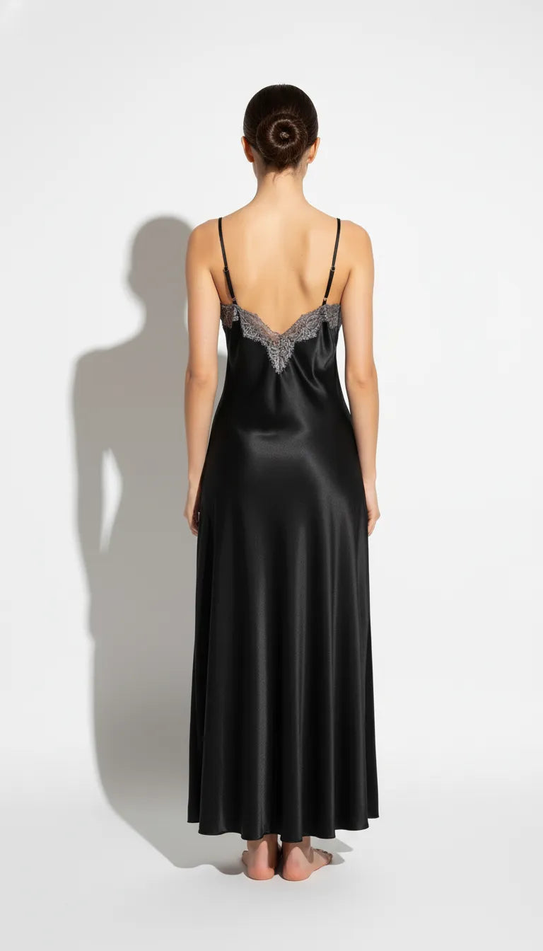 Pyjama Satin Noir pour Femme | Nuisette Longue Dentelle | 1 Pièce - Vue de dos