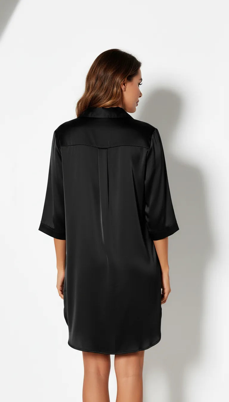 Pyjama Satin Noir pour Femme | Chemise de Nuit Boutonnée | Manches Courtes | 1 Pièce - Vue de dos
