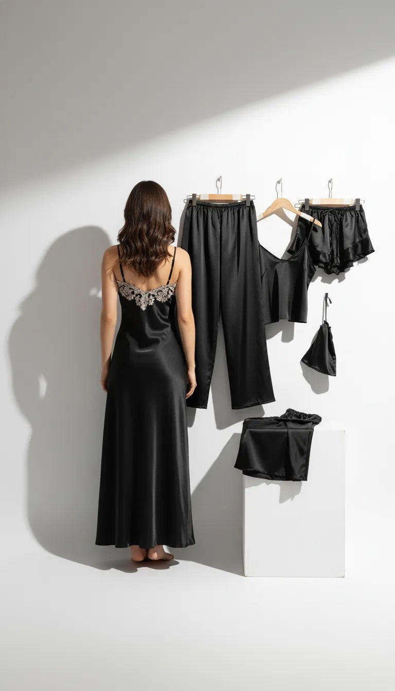 Pyjama Satin Noir pour Femme | Nuisette Longue Dentelle et Pantalon | Ensemble 4 Pièces - Vue de dos