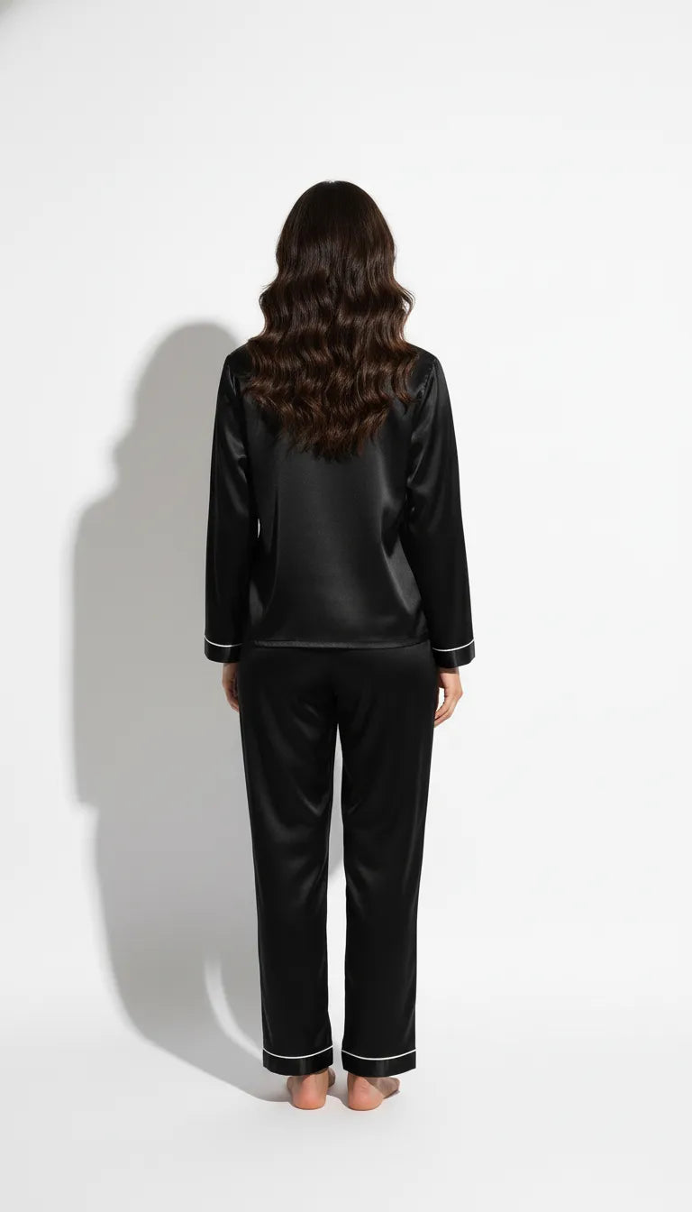 Pyjama Satin Noir pour Femme | Classique Élégant à liserés blancs | Chemise manches longues et Pantalon | Ensemble 2 Pièces - Vue de dos