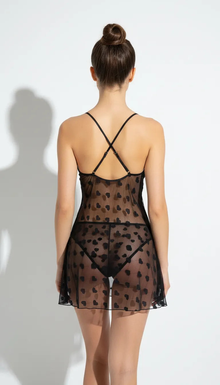 Pyjama Satin Noir pour Femme | Nuisette Longue avec Inserts Dentelle | 1 Pièce - Vue de dos