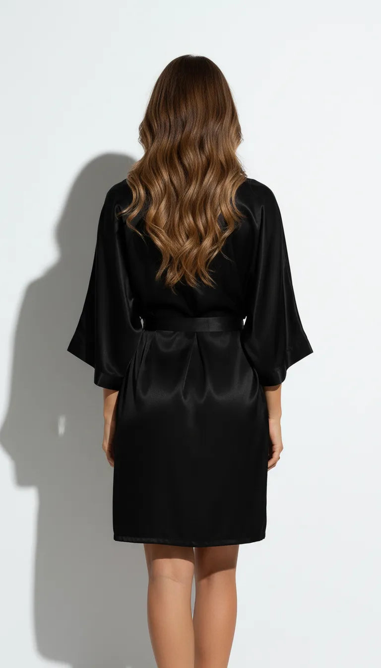 Pyjama Satin Noir pour Femme | Kimono Long à Manches Larges avec Ceinture | 1 Pièce - Vue de dos