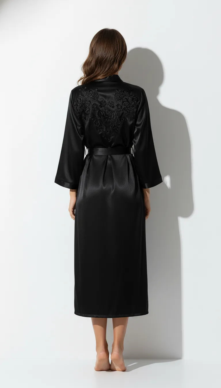 Pyjama Satin Noir pour Femme | Kimono Long | Manches Longues | 1 Pièce - Vue de dos