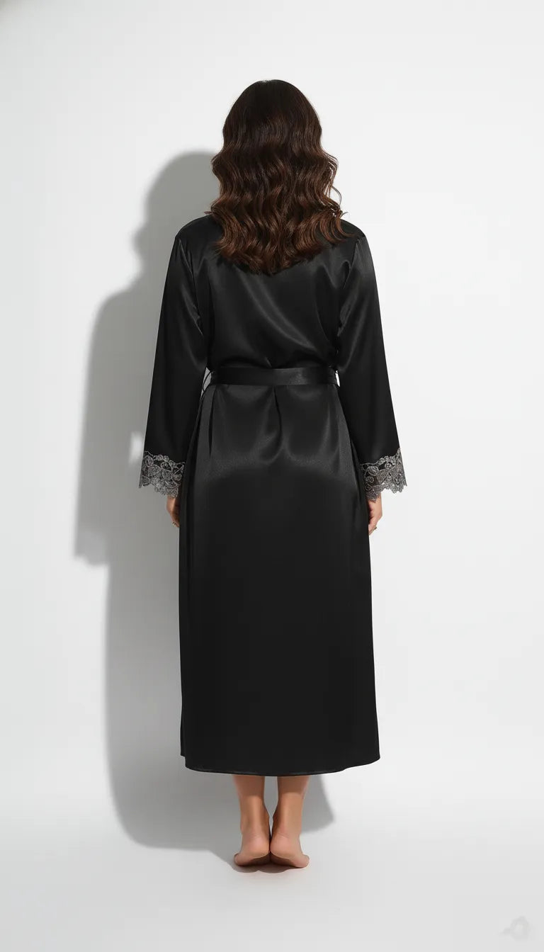 Pyjama Satin Noir pour Femme | Nuisette Décolletée et Kimono Long à Manches Longues | Ensemble 2 Pièces - Vue de dos