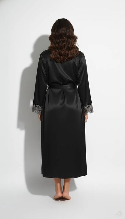 Pyjama Satin Noir pour Femme | Nuisette Décolletée et Kimono Long à Manches Longues | Ensemble 2 Pièces - Vue de dos