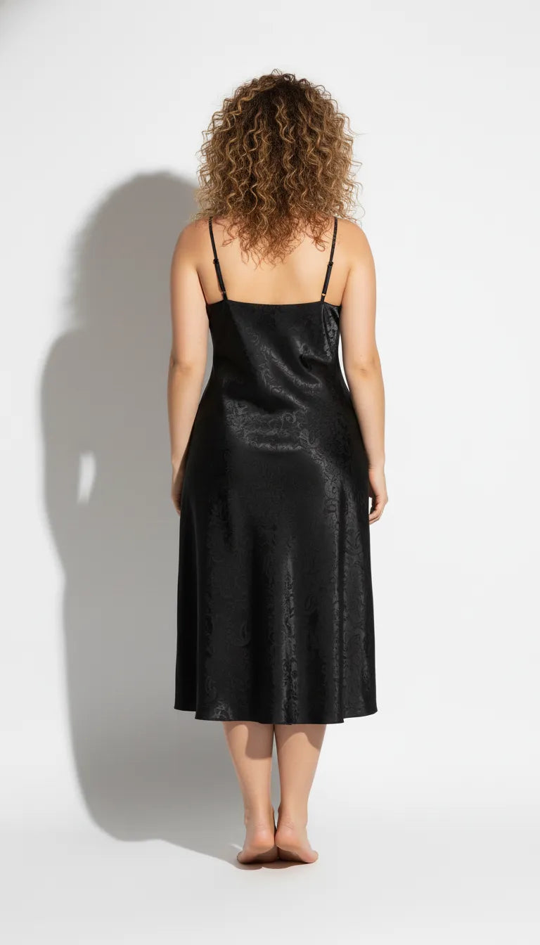 Pyjama Satin Noir pour Femme | Nuisette Fluide Bretelles Fines | 1 Pièce - Vue de dos