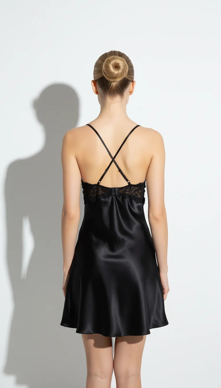 Pyjama Satin Noir pour Femme | Nuisette Dentelle | 1 Pièce - Vue de dos