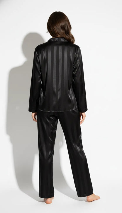 Pyjama Satin Noir pour Femme | Ensemble Classique Élégant | Chemise Manches Longues & Pantalon | 2 Pièces - Vue de dos