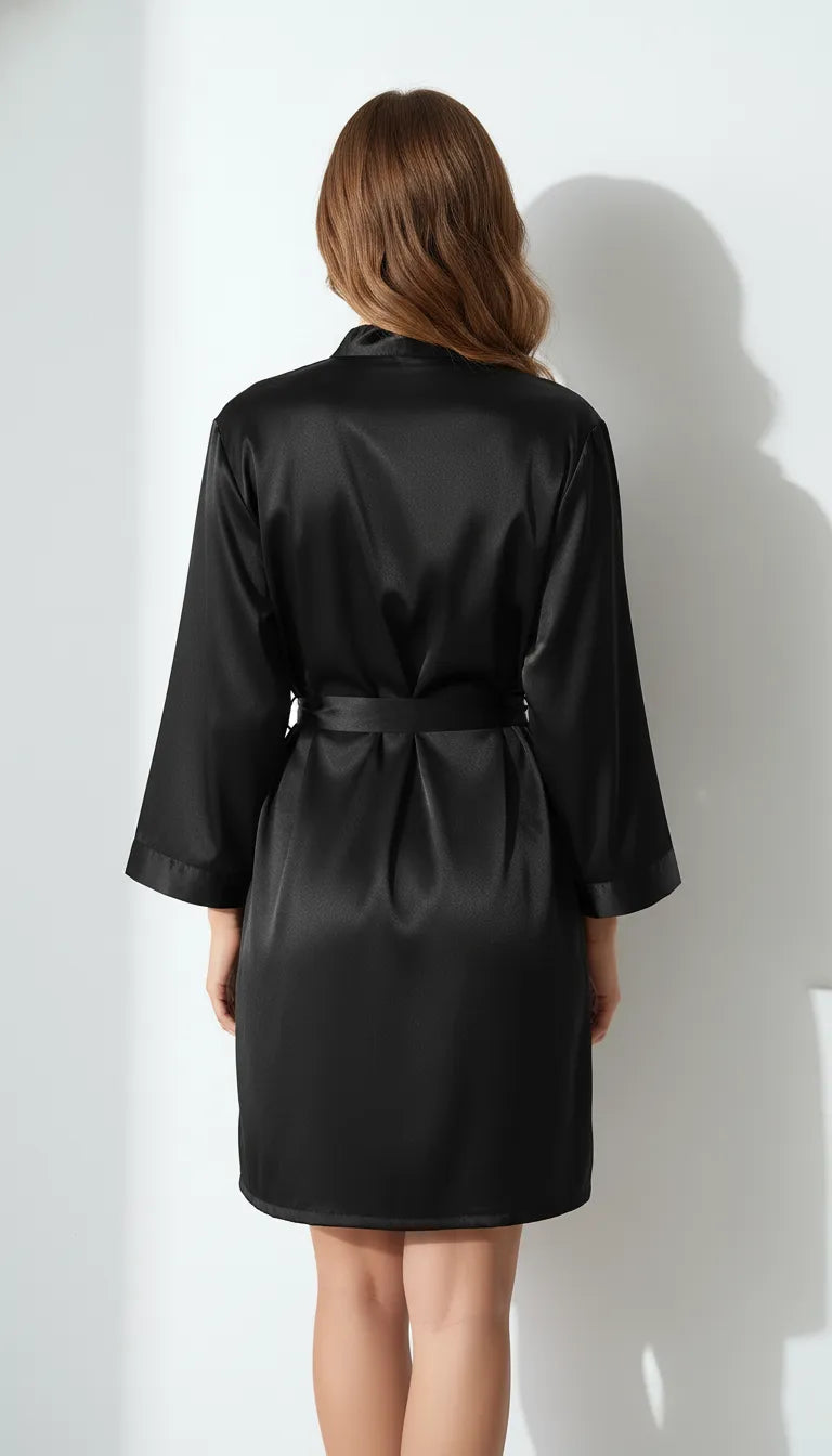 Pyjama Satin Noir pour Femme | Kimono Long à Manches Longues | 1 Pièce - Vue de dos