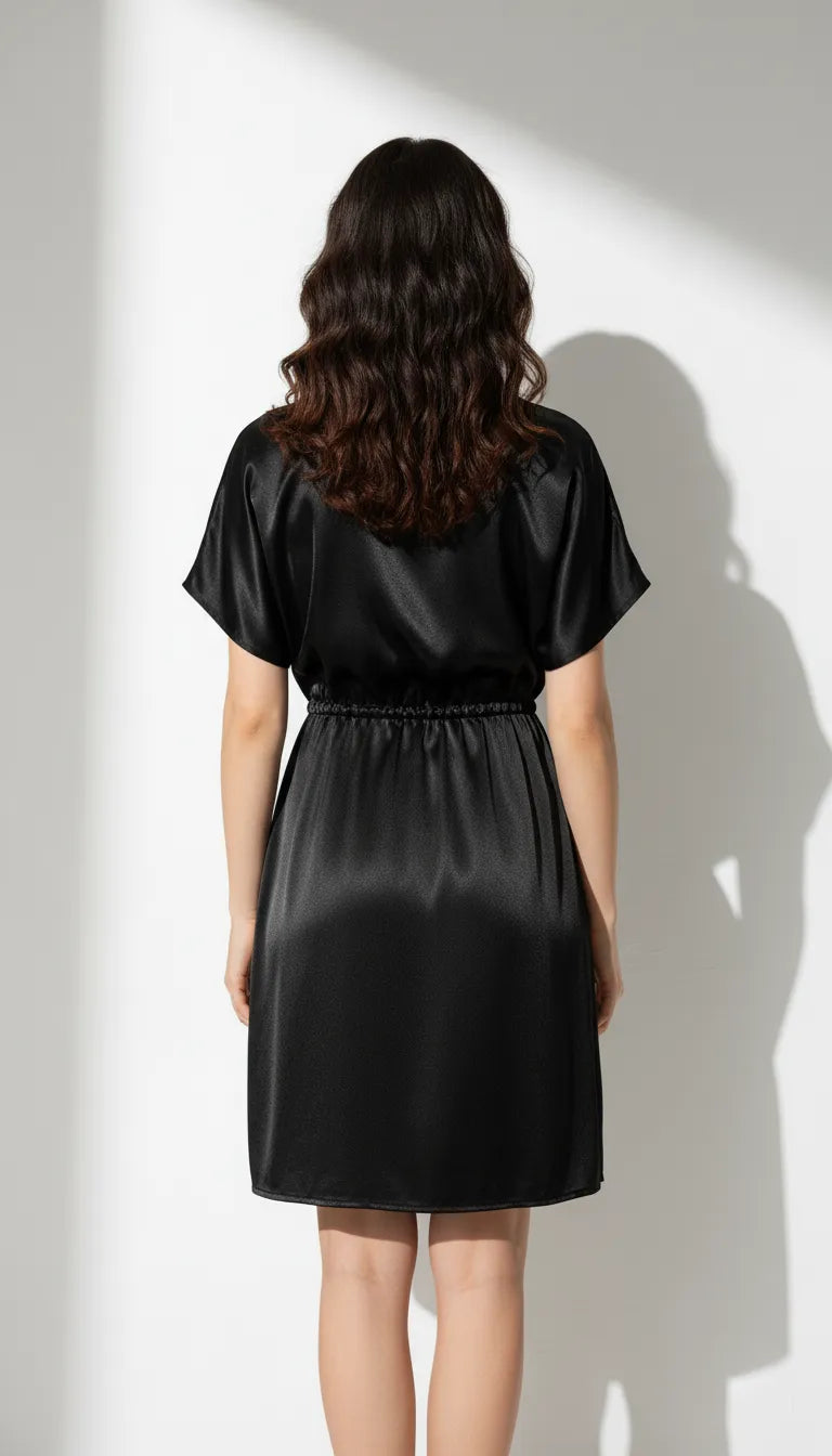 Pyjama Satin Noir pour Femme | Nuisette Cache-Coeur Ajustable | Manches Courtes | 1 Pièce - Vue de dos