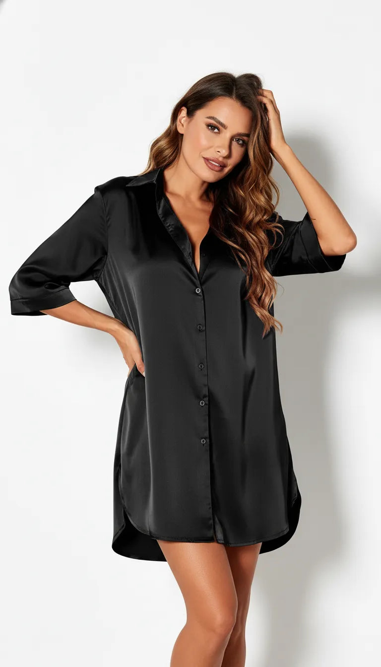 Pyjama Satin Noir pour Femme | Chemise de Nuit Boutonnée | Manches Courtes | 1 Pièce - Vue de face