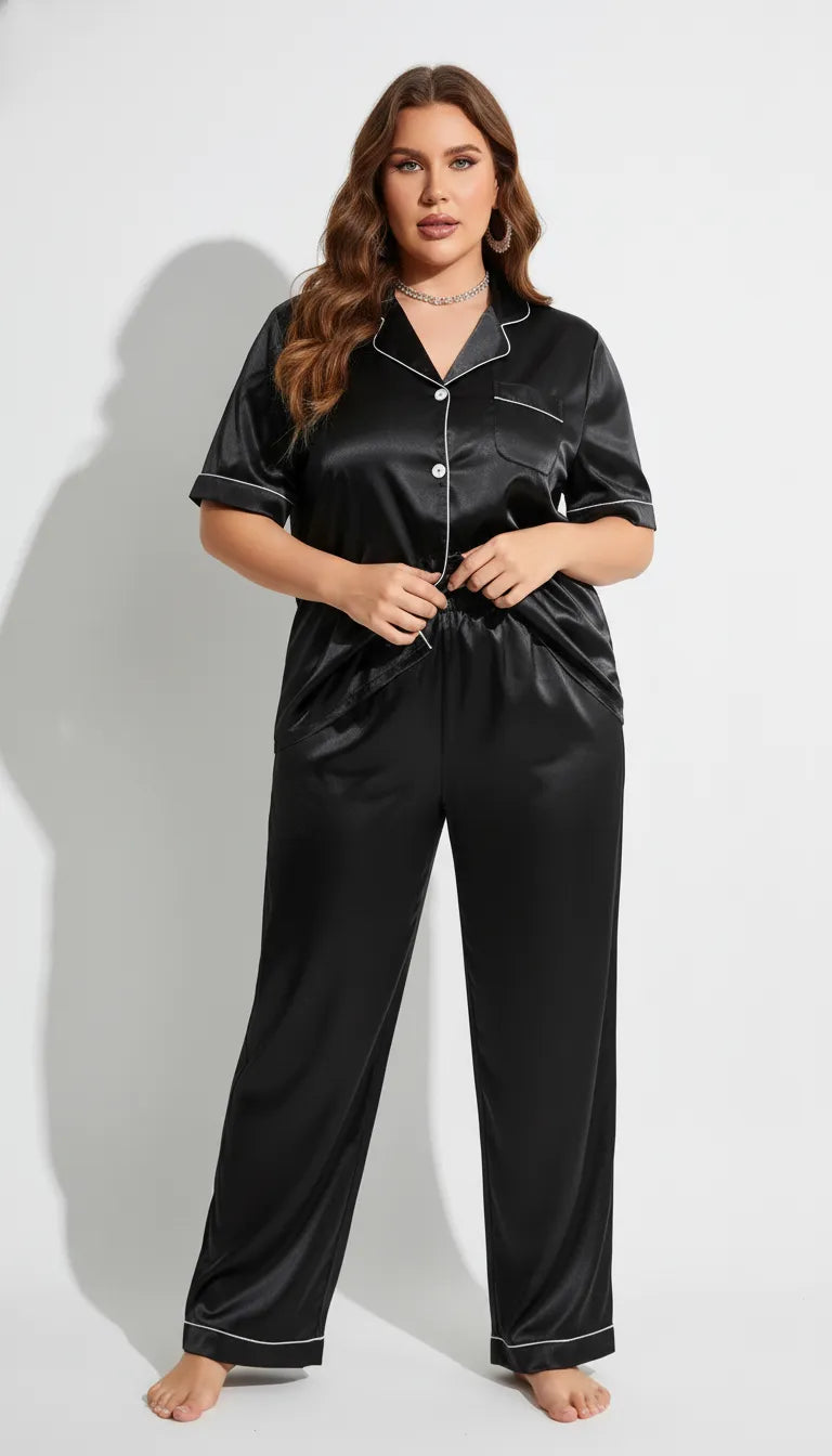 Pyjama Satin Noir pour Femme | Moderne et Chic | Chemise Manches Courtes & Pantalon | 2 Pièces - Vue de face