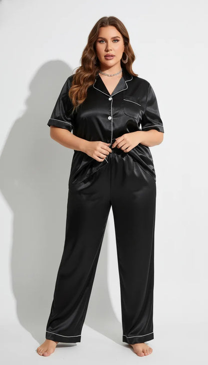 Pyjama Satin Noir pour Femme | Moderne et Chic | Chemise Manches Courtes & Pantalon | 2 Pièces - Vue de face