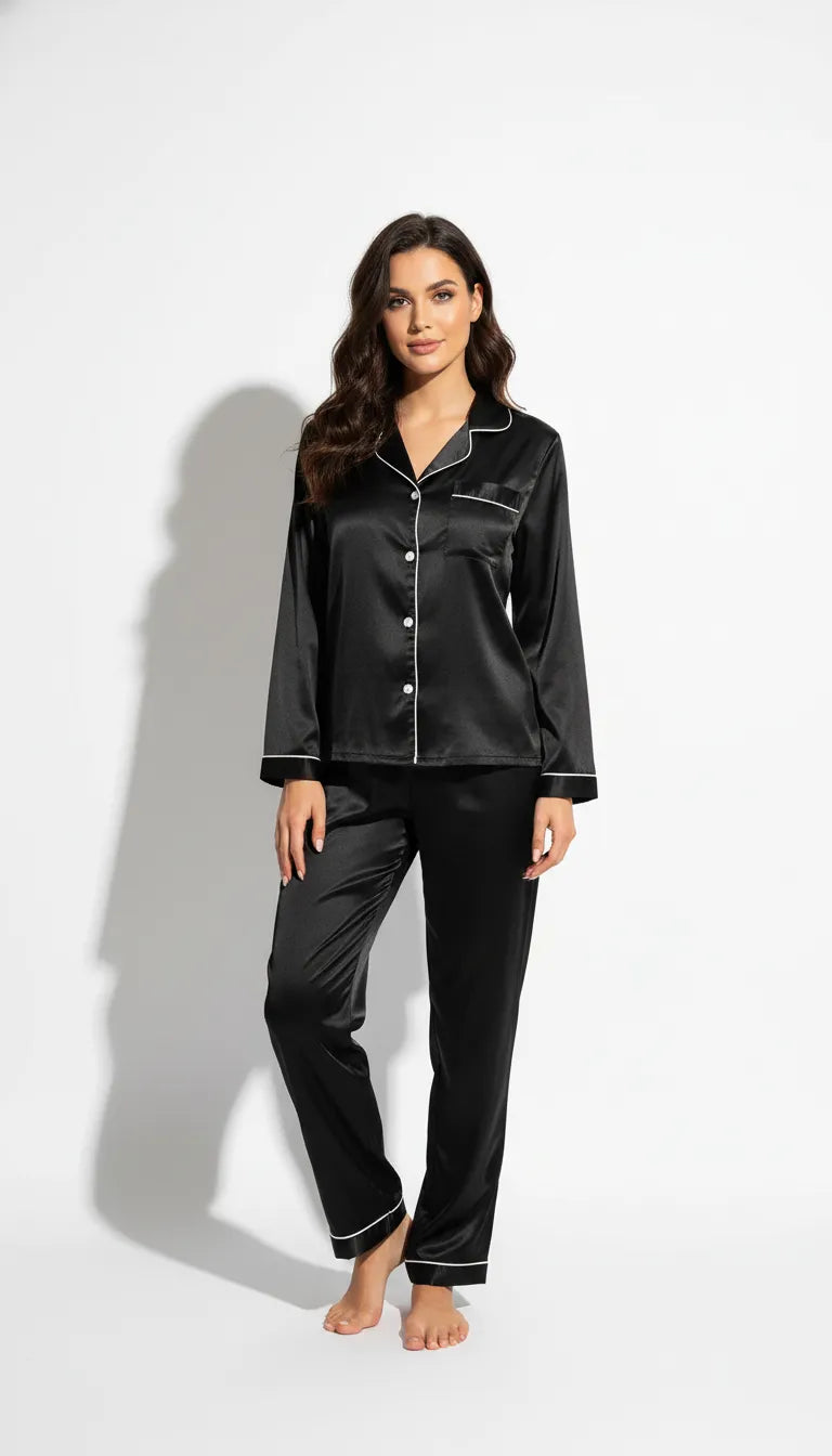 Pyjama Satin Noir pour Femme | Classique Élégant à liserés blancs | Chemise manches longues et Pantalon | Ensemble 2 Pièces - Vue de face