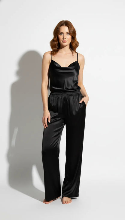 Pyjama Satin Noir pour Femme | Débardeur & Pantalon | Ensemble 2 Pièces - Vue de face