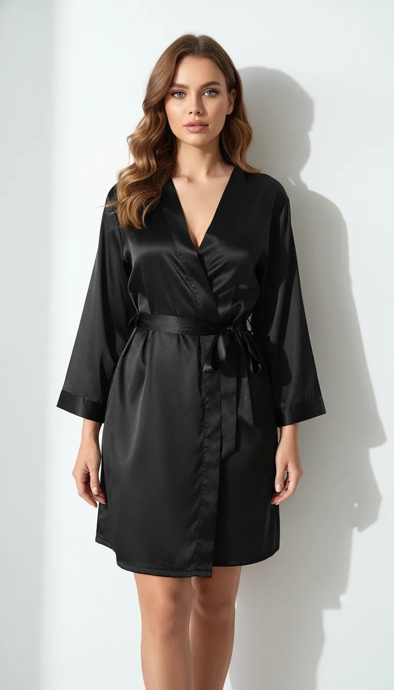Pyjama Satin Noir pour Femme | Kimono Long à Manches Longues | 1 Pièce - Vue de face