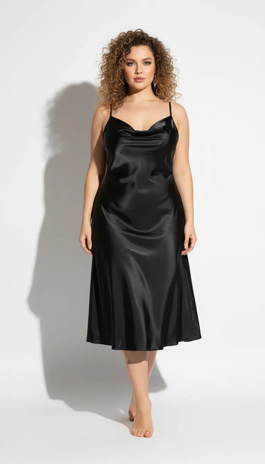 Pyjama Satin Noir pour Femme | Nuisette Fluide Bretelles Fines | 1 Pièce - Vue de face