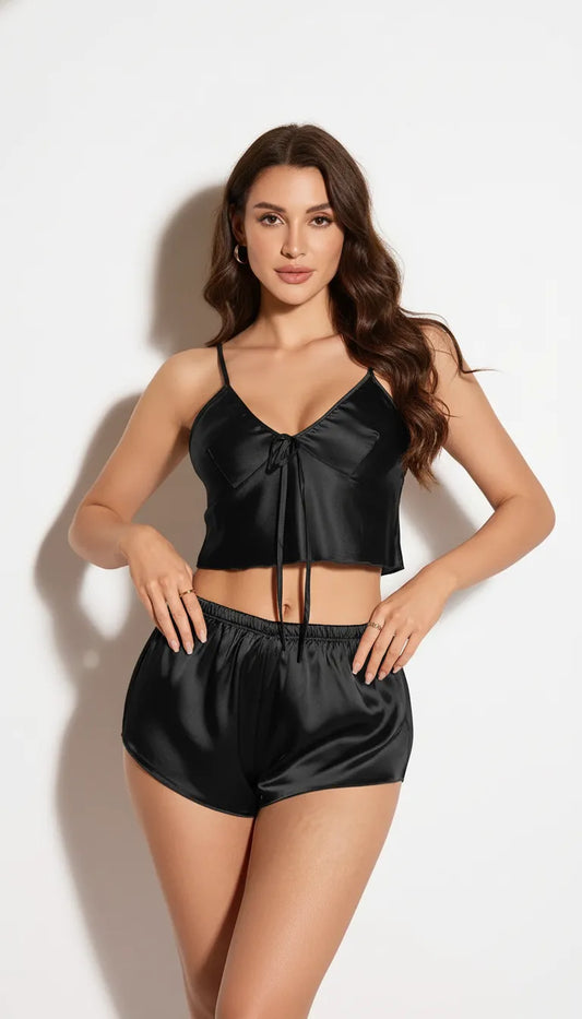 Pyjama Satin Noir pour Femme | Débardeur à nouer & Shorty | Ensemble 2 Pièces - Vue de face