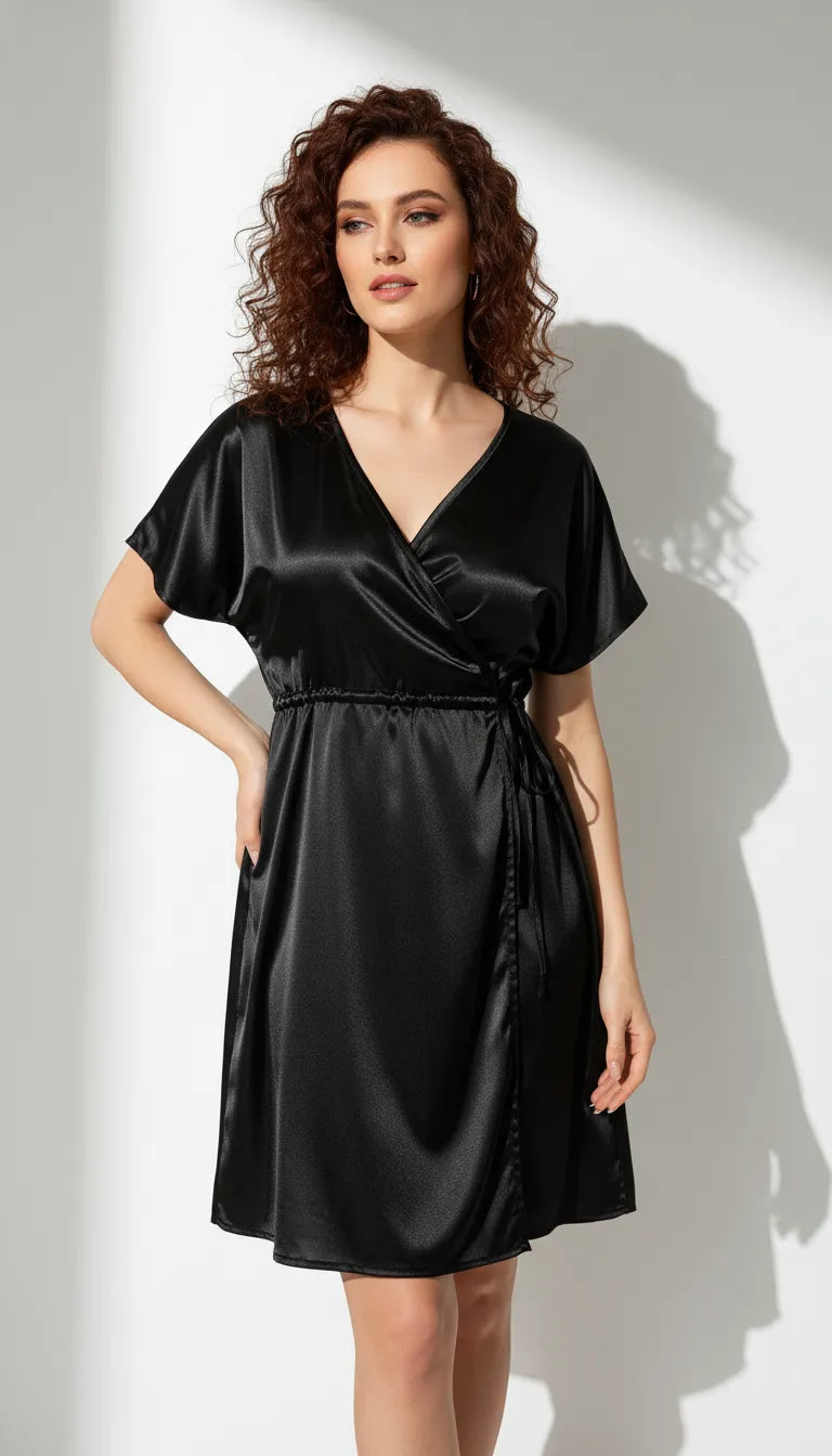 Pyjama Satin Noir pour Femme | Nuisette Cache-Coeur Ajustable | Manches Courtes | 1 Pièce - Vue de face