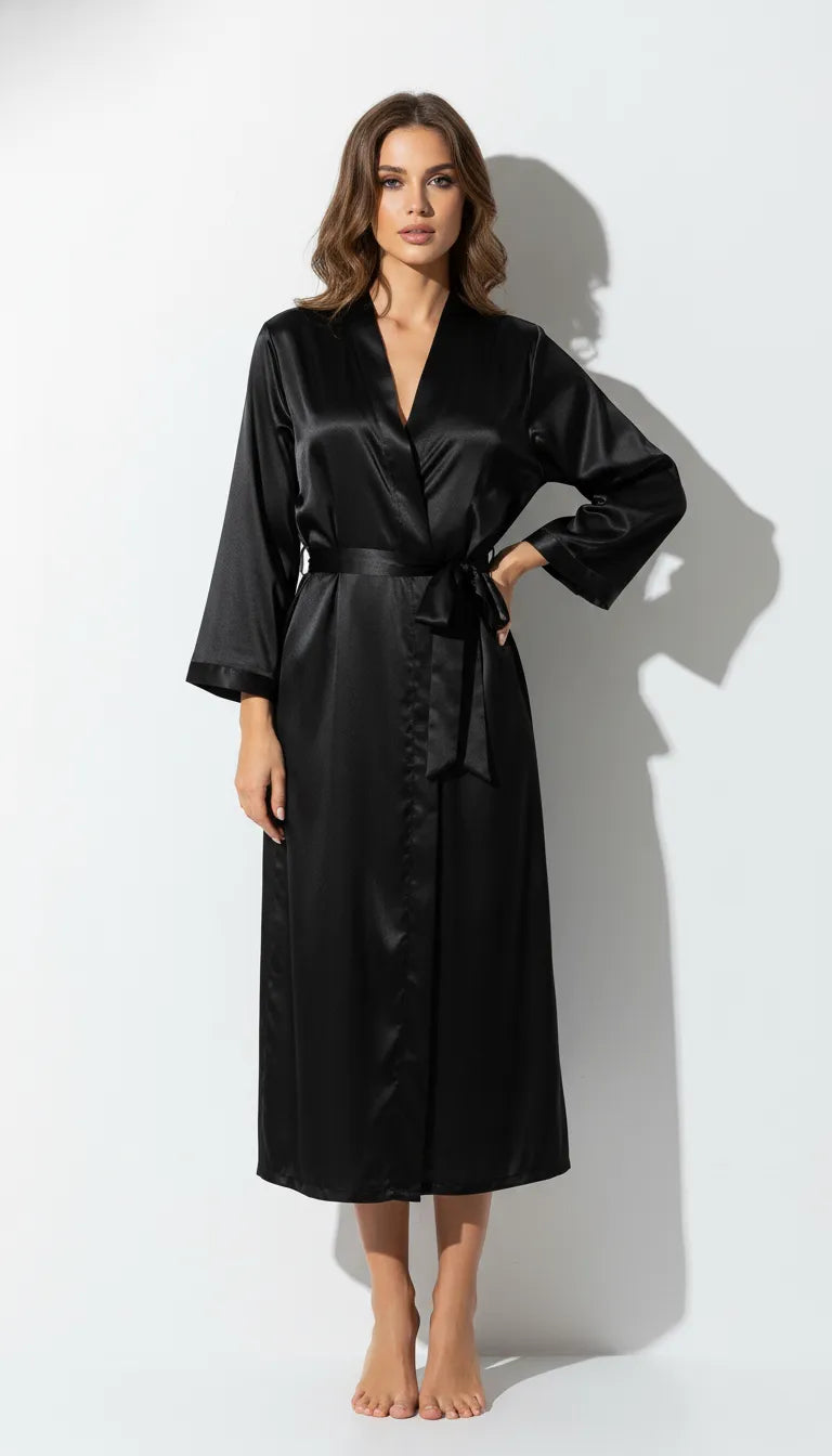 Pyjama Satin Noir pour Femme | Kimono Long | Manches Longues | 1 Pièce - Vue de face