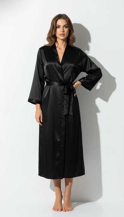 Pyjama Satin Noir pour Femme | Kimono Long | Manches Longues | 1 Pièce - Vue de face