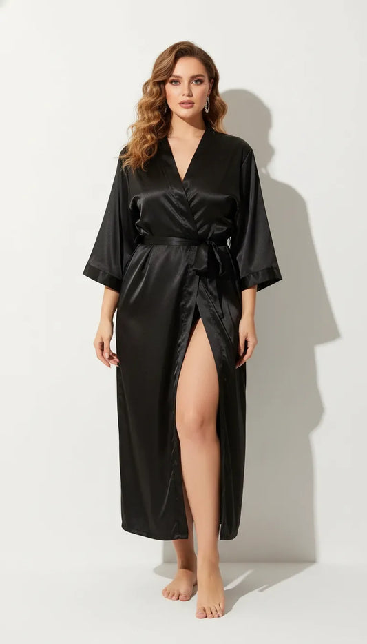 Pyjama Satin Noir pour Femme | Kimono Long à Fente | 1 Pièce - Vue de face