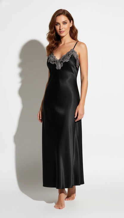 Pyjama Satin Noir pour Femme | Nuisette Longue Dentelle | 1 Pièce - Vue de face