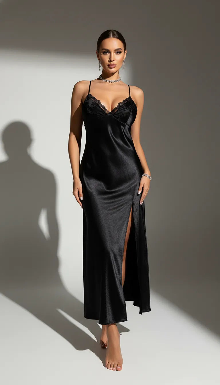 Pyjama Satin Noir pour Femme | Nuisette Longue avec Dentelle | 1 Pièce - Vue de face