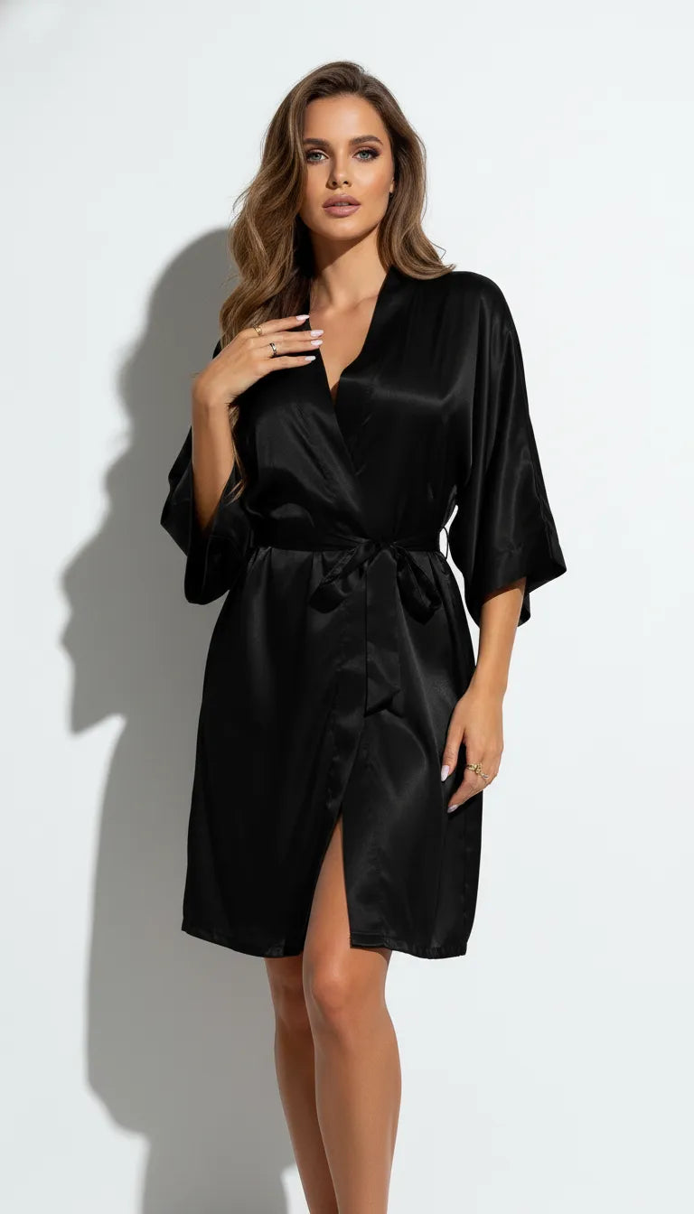 Pyjama Satin Noir pour Femme | Kimono Long à Manches Larges avec Ceinture | 1 Pièce - Vue de face