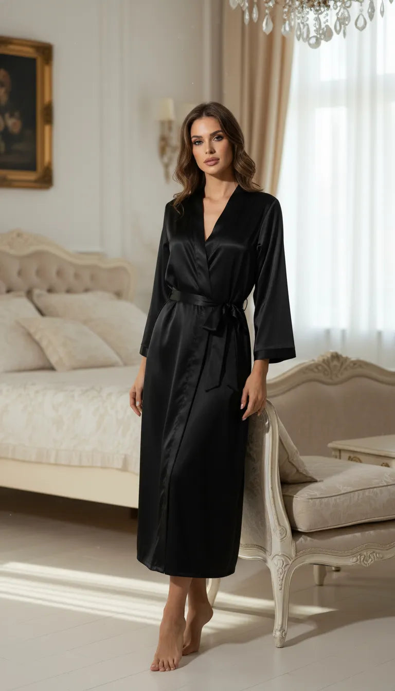 Pyjama Satin Noir pour Femme | Kimono Long | Manches Longues | 1 Pièce - Mise en situation portée