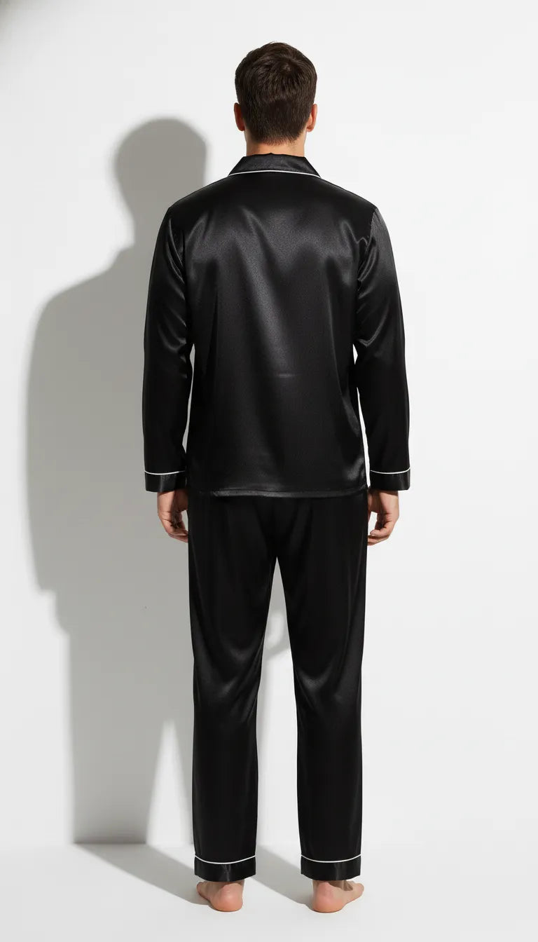 Pyjama Satin Noir pour Homme | Classique Chic avec Passepoil Blanc | Ensemble 2 Pièces (Pantalon et Chemise) | Manches Longues - Vue de dos
