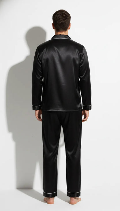 Pyjama Satin Noir pour Homme | Classique Chic avec Passepoil Blanc | Ensemble 2 Pièces (Pantalon et Chemise) | Manches Longues - Vue de dos