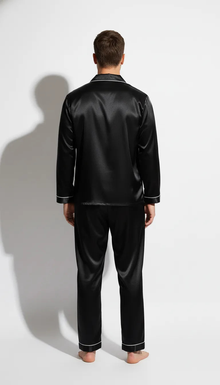Pyjama Satin Noir pour Homme | Classique Élégant | Chemise à Manches Longues & Pantalon | Ensemble 2 Pièces - Vue de dos