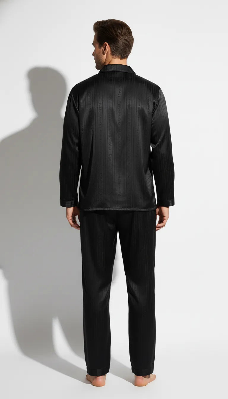 Pyjama Satin Noir pour Homme | Chemise à manches longues et pantalon | Ensemble 2 pièces - Vue de dos