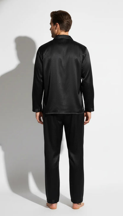 Pyjama Satin Noir pour Homme | Chemise à manches longues et pantalon | Ensemble 2 pièces - Vue de dos